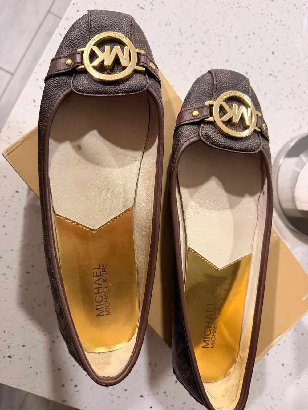Michael Kors Brown Logo-Embellished Leather Loafers with Gold Hardware